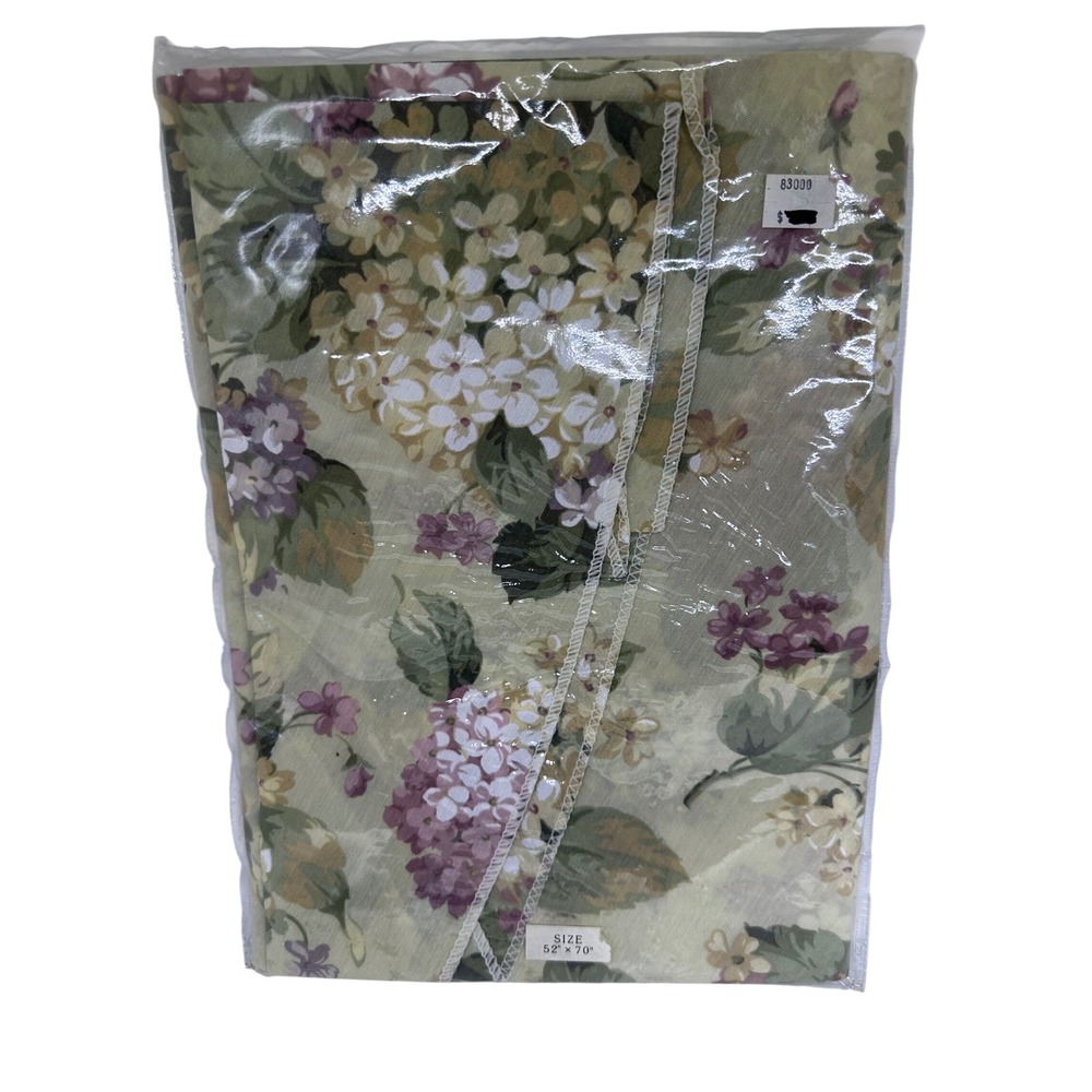 VTG Fruit Garden With Plaid Tablecloth Green Floral Lilac Hydrangea 52x70 Rect